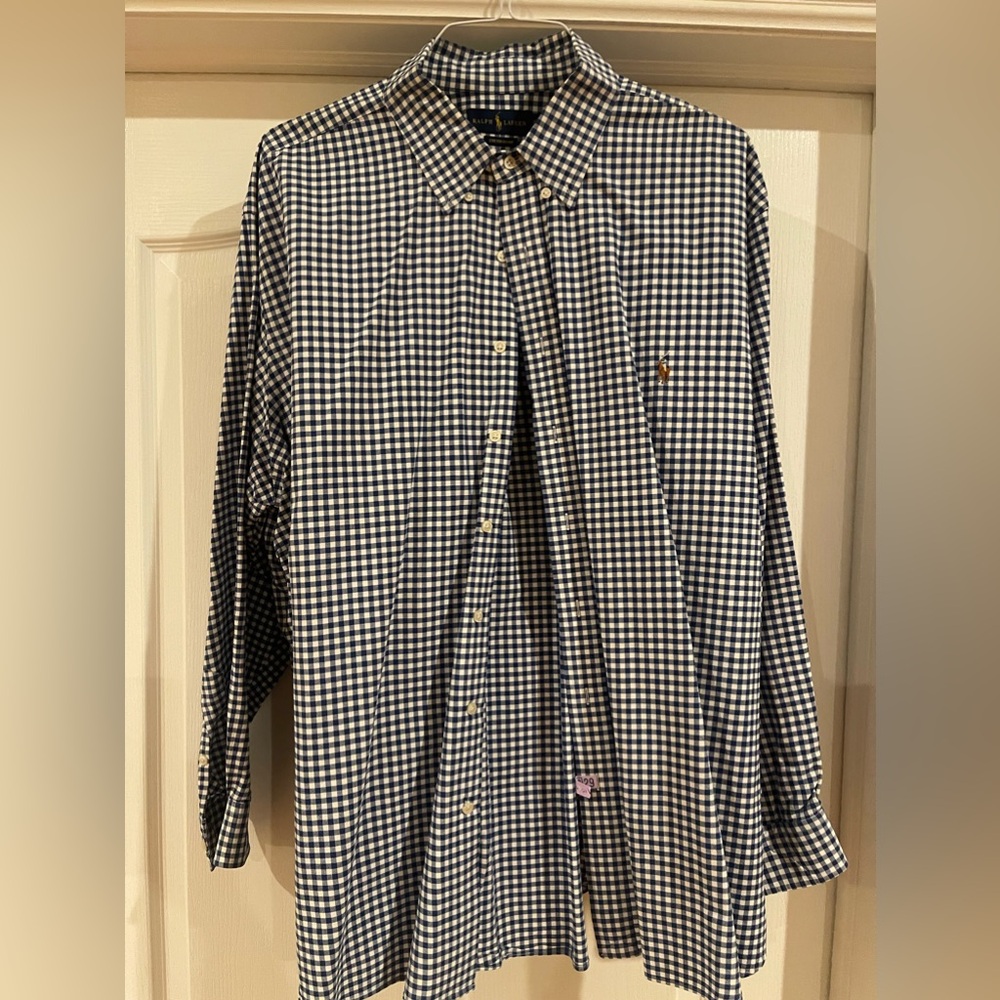 Polo button down shirt. This is a blue/white checker board pattern. Size is 3X.